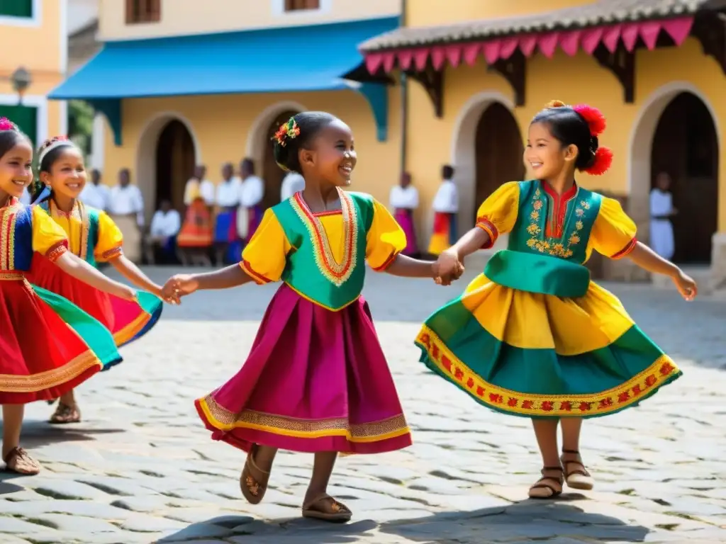 Grupo de niños vestidos con trajes tradicionales coloridos, bailando con alegría en la plaza