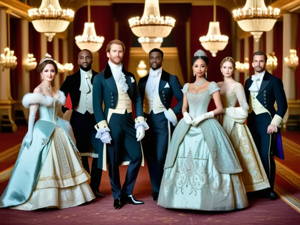 Grupo de nobles y damas elegantemente vestidos en un salón de baile decorado, evocando la opulencia de las indumentarias danzas cortesanas europeas