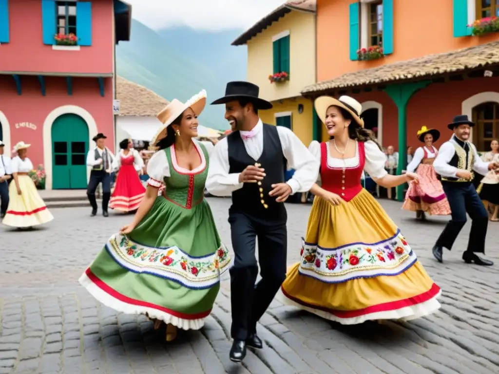 Grupo de parejas bailando la polka en atuendos tradicionales europeos y sudamericanos en la plaza del pueblo