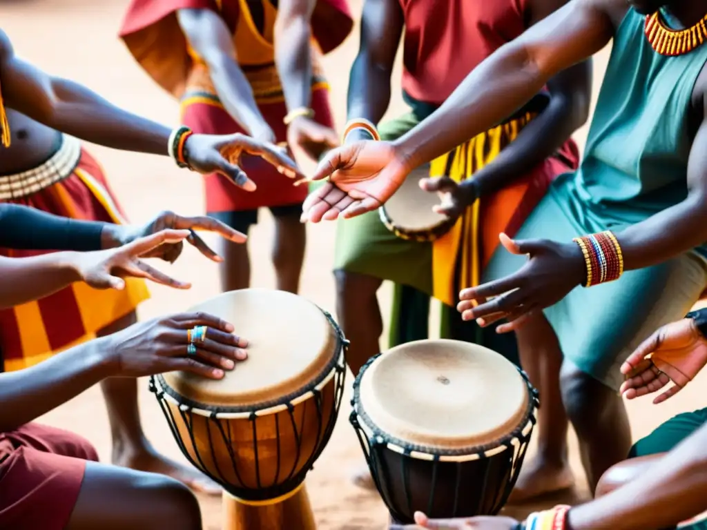 Ritmos ancestrales: percusión africana en acción Un grupo de percusionistas africanos tocando djembés y tambores dunun en círculo, vistiendo ropas tradicionales
