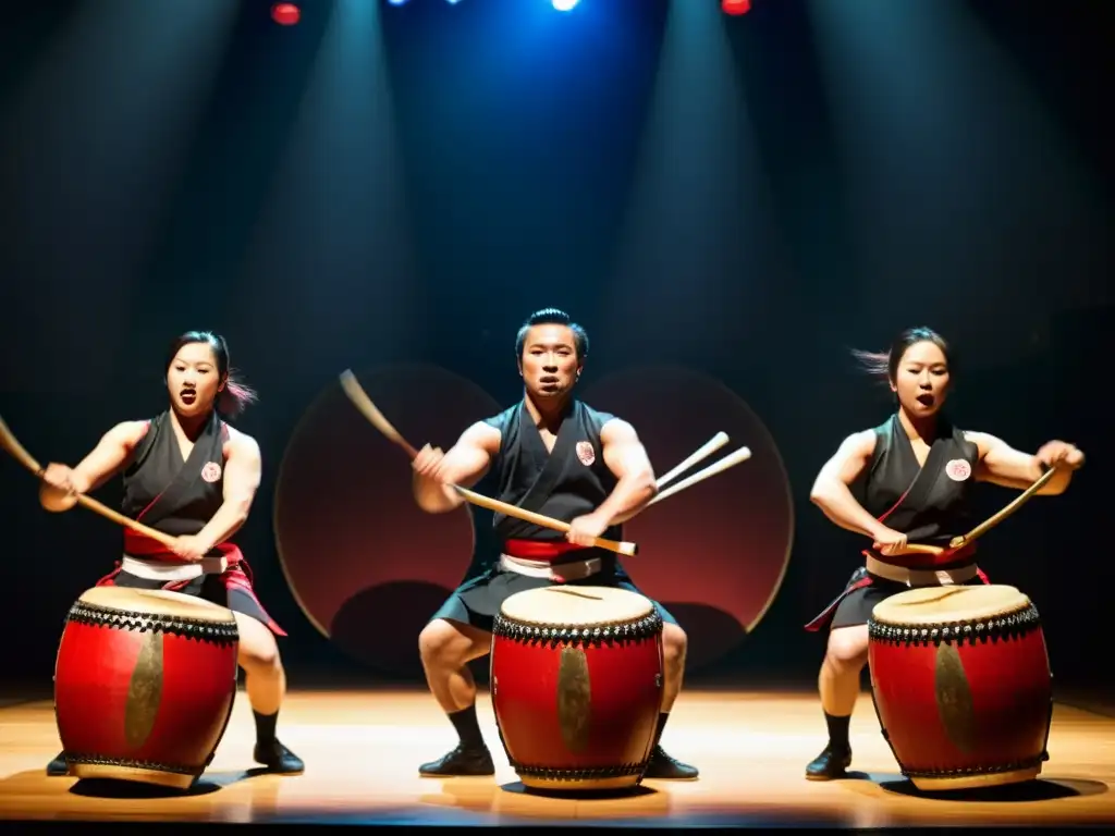 Grupo de percusionistas japoneses con movimientos dinámicos y expresiones intensas, transmitiendo la energía y poder de su actuación en taiko