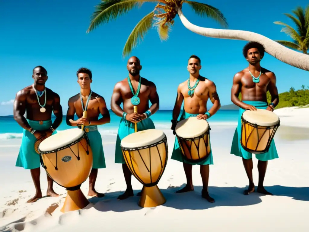 Grupo de percusionistas oceánicos en la playa, listos para tocar en una ceremonia, mostrando la importancia de la percusión en danzas oceánicas