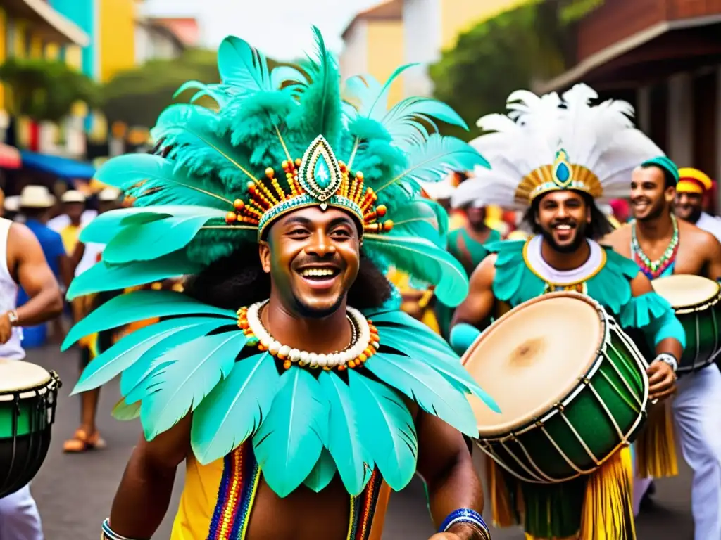 Grupo de percussionistas tocando samba tradicional en el vibrante carnaval de Brasil