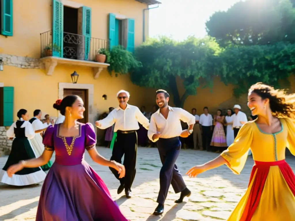 Un grupo de personas bailando al aire libre en el campo del sur de Italia, con trajes tradicionales coloridos mientras se mueven al ritmo de la música