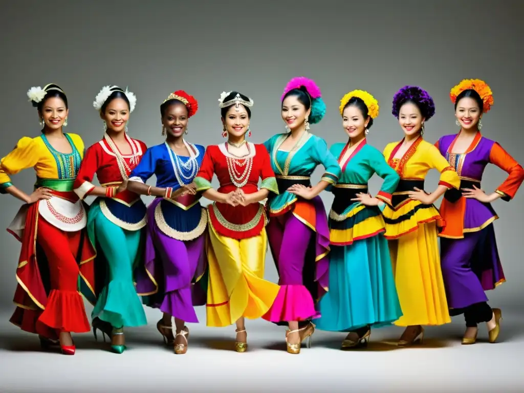 Grupo de personas vistiendo coloridos trajes tradicionales de danza alrededor del mundo, exudando energía y pasión