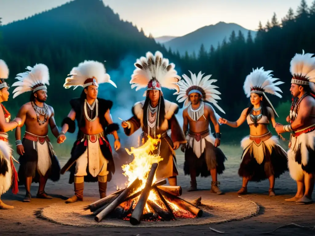 Un grupo de personas danza alrededor de una fogata en un claro del bosque, vestidos con atuendos chamánicos