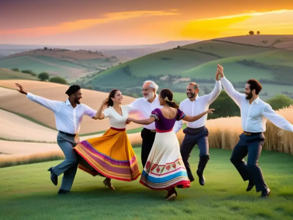 Un grupo de personas danza la Hora judía en círculo, vestidos con trajes tradicionales, en un escenario de colinas y atardecer