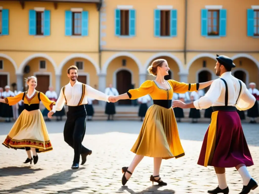 Grupo de personas bailando danza tradicional europea en la plaza de un pueblo histórico, con trajes vibrantes y movimientos elegantes