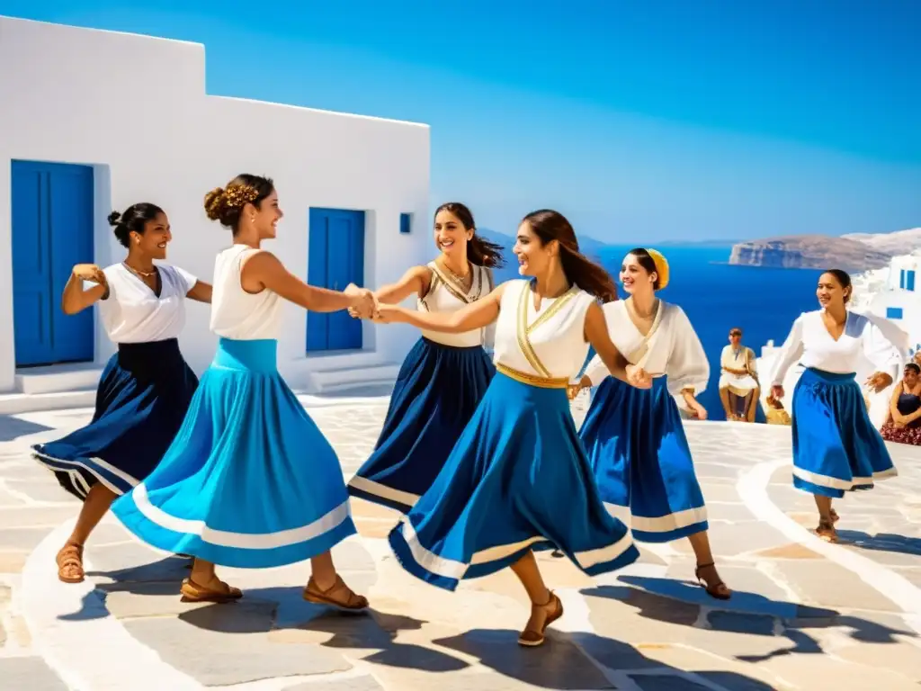 Un grupo de personas diversas baila el Sirtaki griego en un animado círculo, vistiendo trajes tradicionales, en una plaza soleada