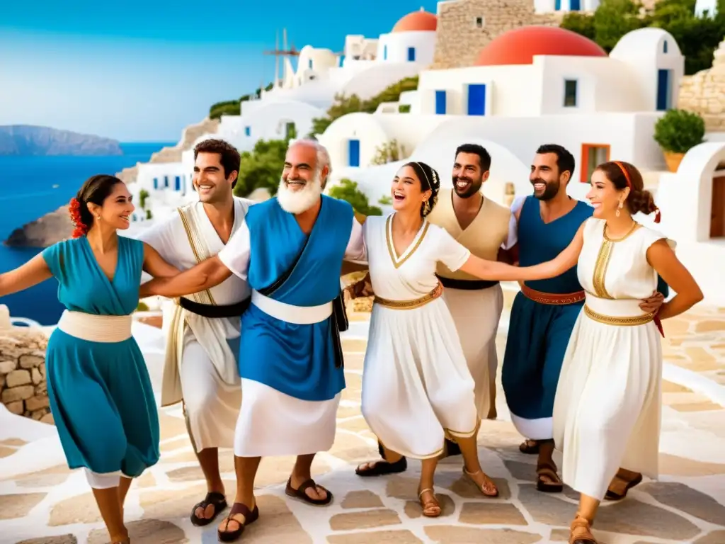 Un grupo de personas diversas baila Sirtaki en trajes tradicionales griegos, celebrando la vida y la unidad en una aldea costera