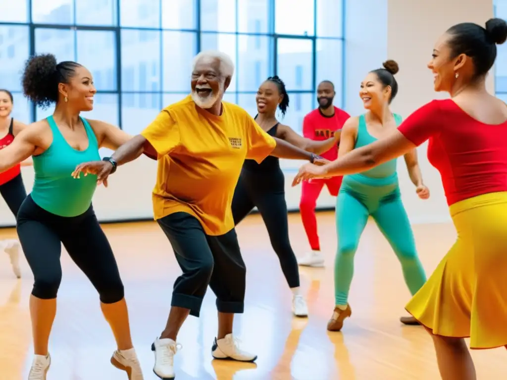 Un grupo de personas de todas las edades disfruta de diferentes estilos de baile en un estudio lleno de energía