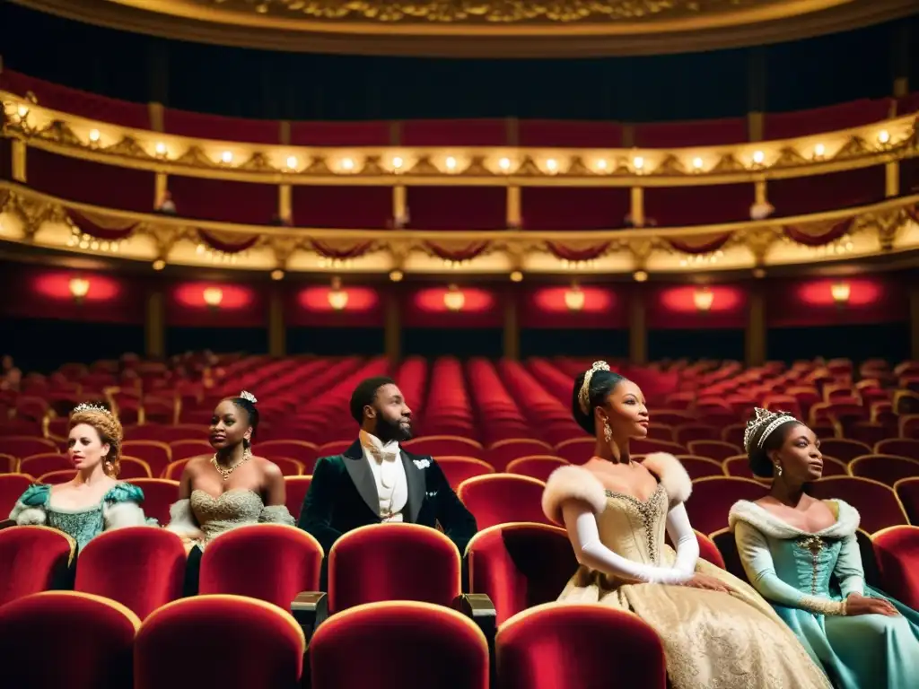 Un grupo de personas elegantes disfruta de un espectáculo de danza histórica en un teatro lujosamente decorado