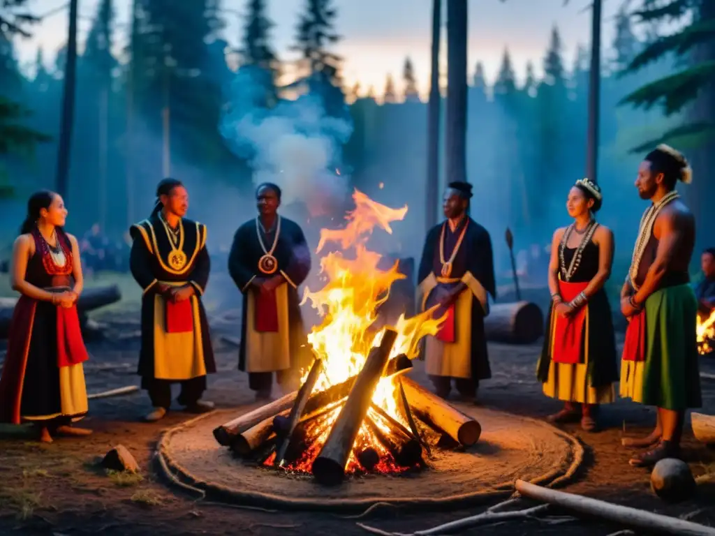 Un grupo de personas baila alrededor de una fogata en el bosque, evocando la esencia de danzas chamánicas ritualísticas