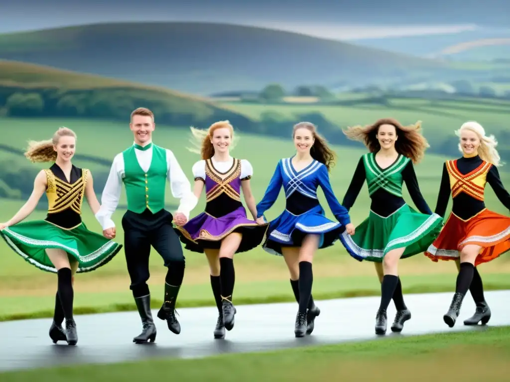 Un grupo de personas bailando con gracia la danza irlandesa, irradiando vitalidad y fuerza en un paisaje irlandés, ideal para la osteoporosis