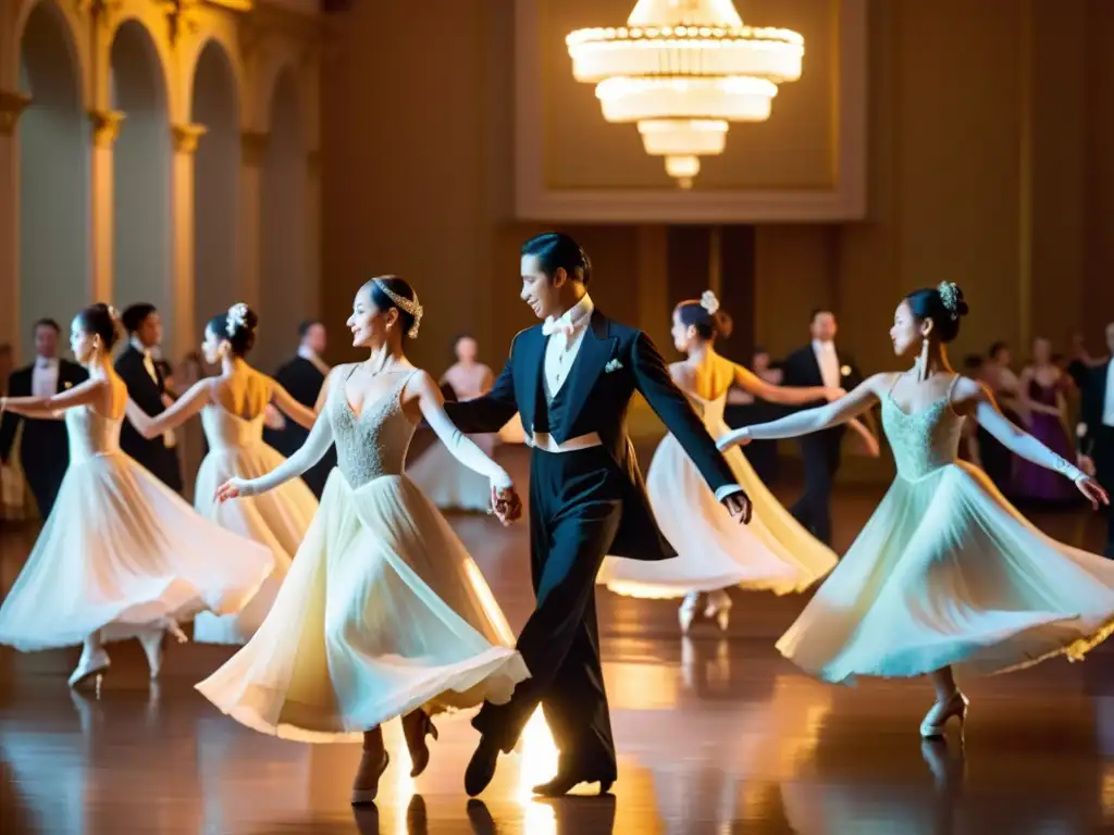 Un grupo de personas baila con gracia y elegancia en un salón iluminado por candelabros, reflejando la belleza atemporal del baile clásico