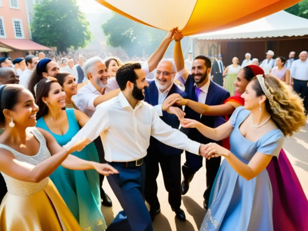 Grupo de personas bailando la Hora judía en un círculo, transmitiendo alegría y significado cultural