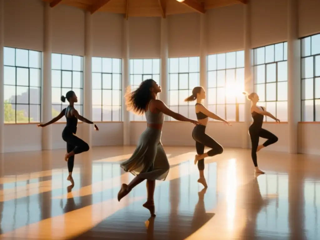 Un grupo de personas danzando con los ojos cerrados en un estudio luminoso, disfrutando de los beneficios de la danza para mindfulness