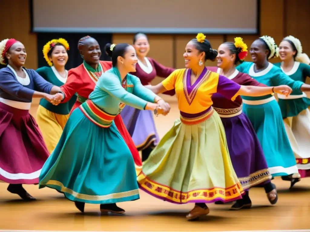 Grupo de personas de distintos orígenes y capacidades bailando en círculo en una celebración inclusiva de la diversidad cultural