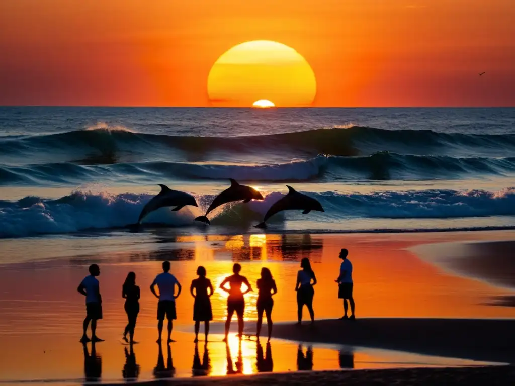 Un grupo de personas se paran en la orilla del mar al atardecer, mientras disfrutan del poder curativo de las danzas oceánicas