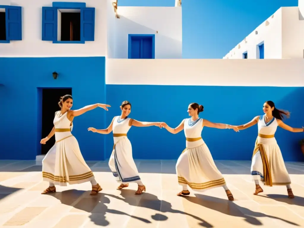 Un grupo de personas bailando Sirtaki en un patio soleado con trajes griegos tradicionales