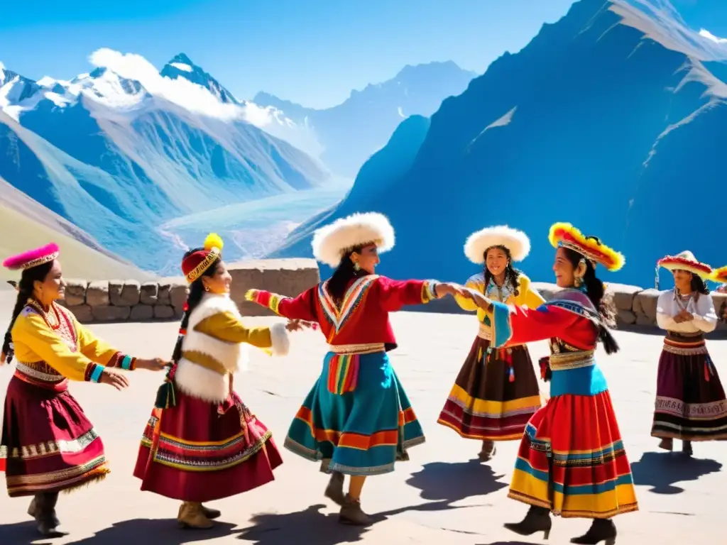 Grupo de personas en trajes andinos tradicionales bailando en una plaza soleada