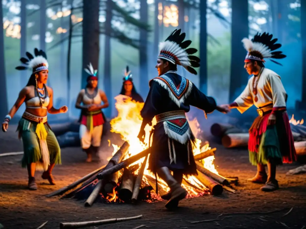 Un grupo de personas baila con trajes chamánicos en un claro del bosque, alrededor de una fogata