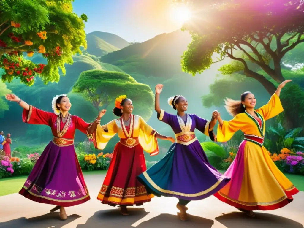 Un grupo de personas vistiendo trajes de danzas tradicionales de diferentes culturas, bailando al aire libre en un entorno vibrante y colorido