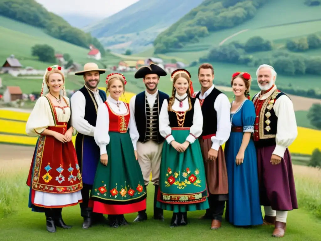 Un grupo de personas vistiendo trajes folklóricos europeos en un entorno campestre pintoresco