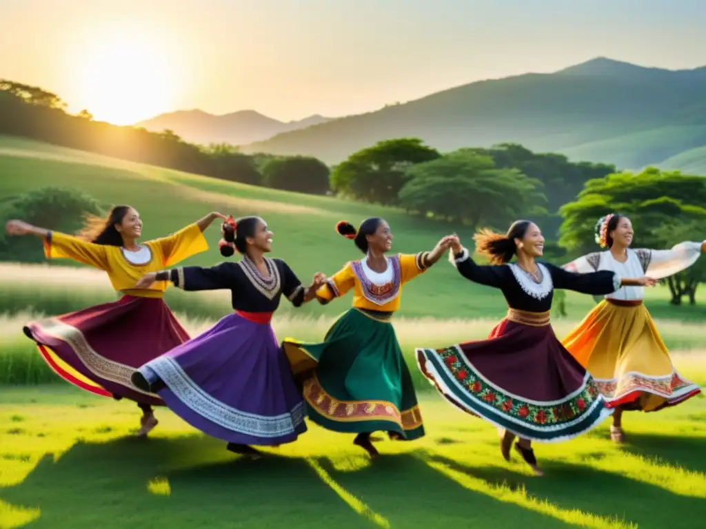 Un grupo de personas bailando en trajes tradicionales, expresando alegría y cultura en un prado verde