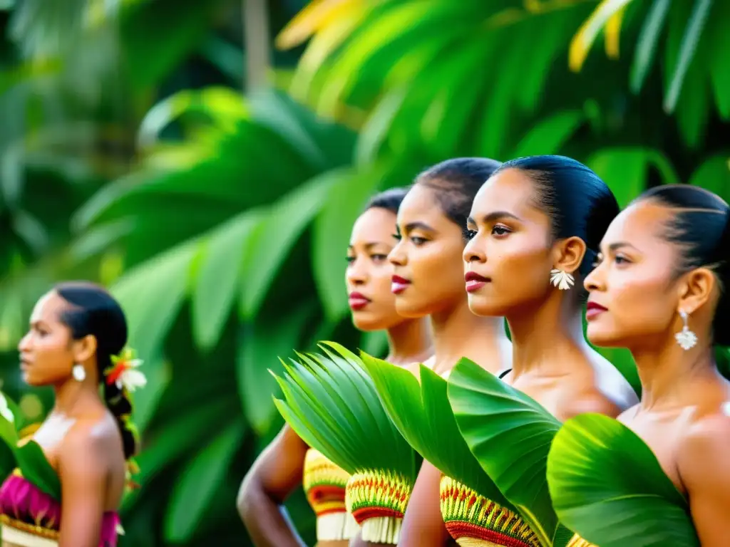 Un grupo de personas de Wallis y Futuna bailando en trajes vibrantes rodeados de exuberante vegetación tropical