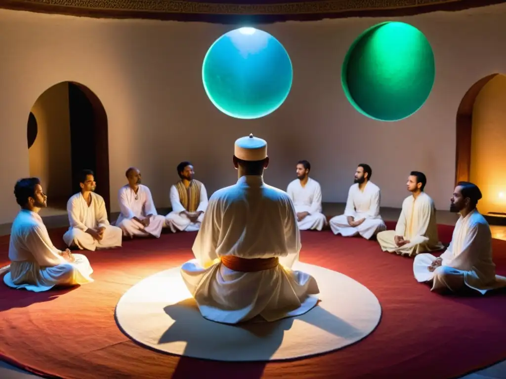 Grupo de personas vestidas de blanco practican danza sufí en un salón iluminado con luz dorada