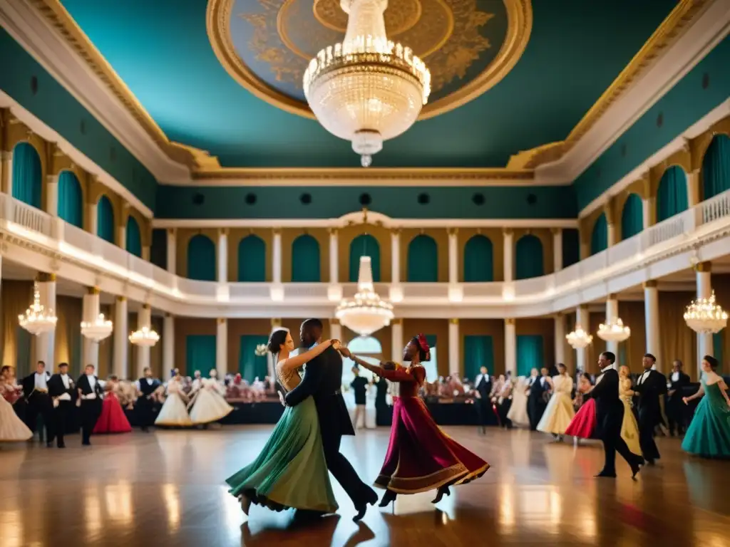 Un grupo de personas vestidas con trajes históricos bailan con gracia en un salón elegante, evocando la encantadora historia de la danza