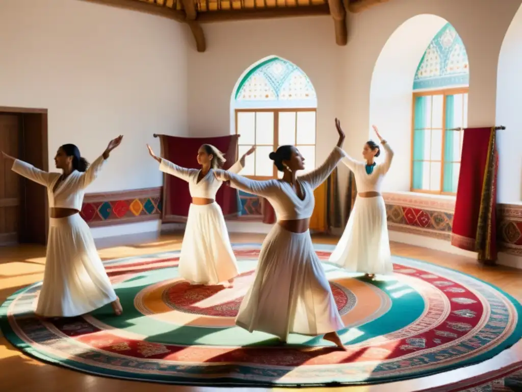 Un grupo de personas vestidas con túnicas blancas realizando una danza sufí en un ambiente iluminado por el sol