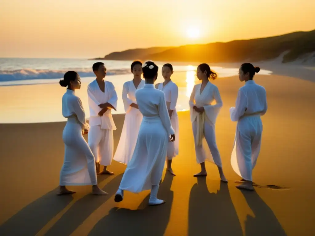 Grupo en la playa al atardecer, realizando danza Butoh