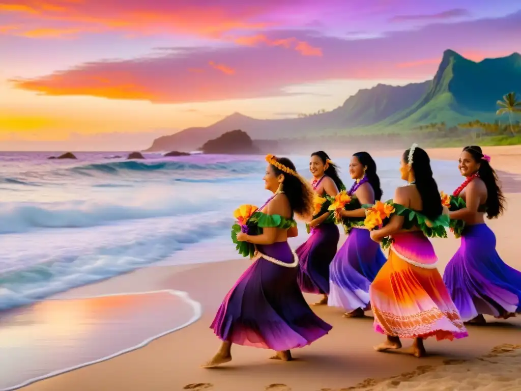 Grupo bailando hula en la playa al atardecer con vestimenta hawaiana