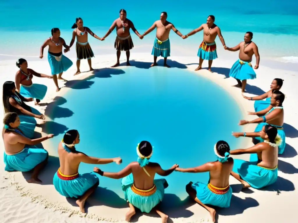 Grupo de Tokelauanos bailando Pate Pate en la playa, evocando el significado cultural y la conexión con la herencia de Tokelau