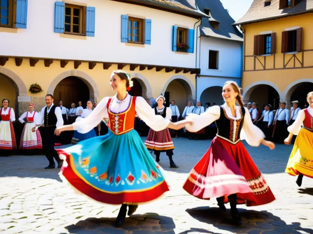 Grupo bailando la Tarantella en una plaza europea, vistiendo trajes folclóricos