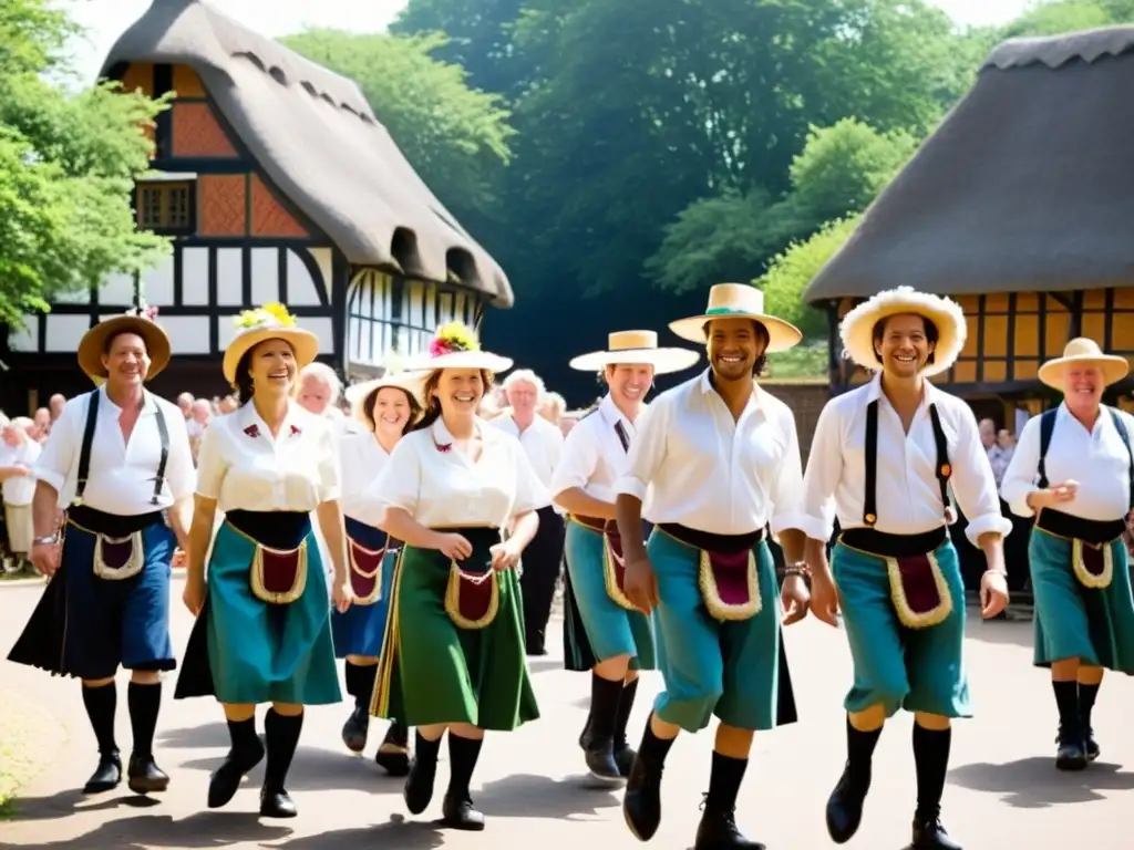 Grupo de Morris dancers actuando en una plaza del pueblo inglés, rodeados de espectadores sonrientes, casas rurales y flores silvestres