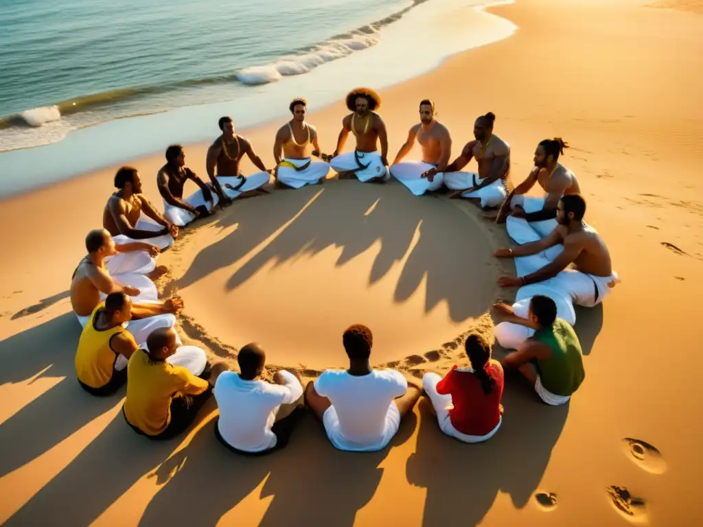 Grupo de practicantes de capoeira en círculo en la playa al atardecer, mostrando la energía y la historia de la capoeira afrobrasileña