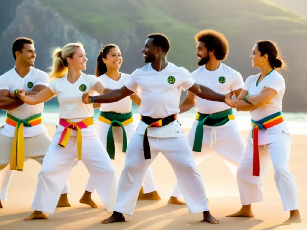 Un grupo de practicantes de capoeira en un círculo de rodas en la playa, exudando energía y tradición de la capoeira afrobrasileña