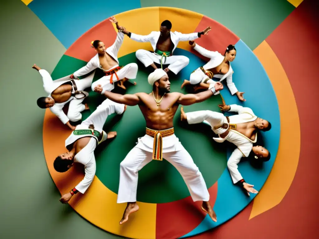 Un grupo de practicantes de Capoeira en círculo, luciendo trajes tradicionales y realizando movimientos acrobáticos