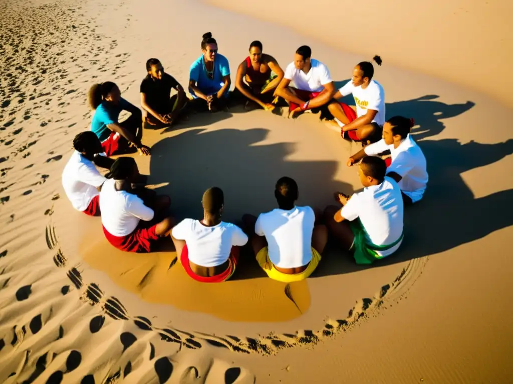 Un grupo de practicantes de capoeira se reúne en círculo en una playa arenosa, vistiendo ropa vibrante y colorida que contrasta con la costa dorada