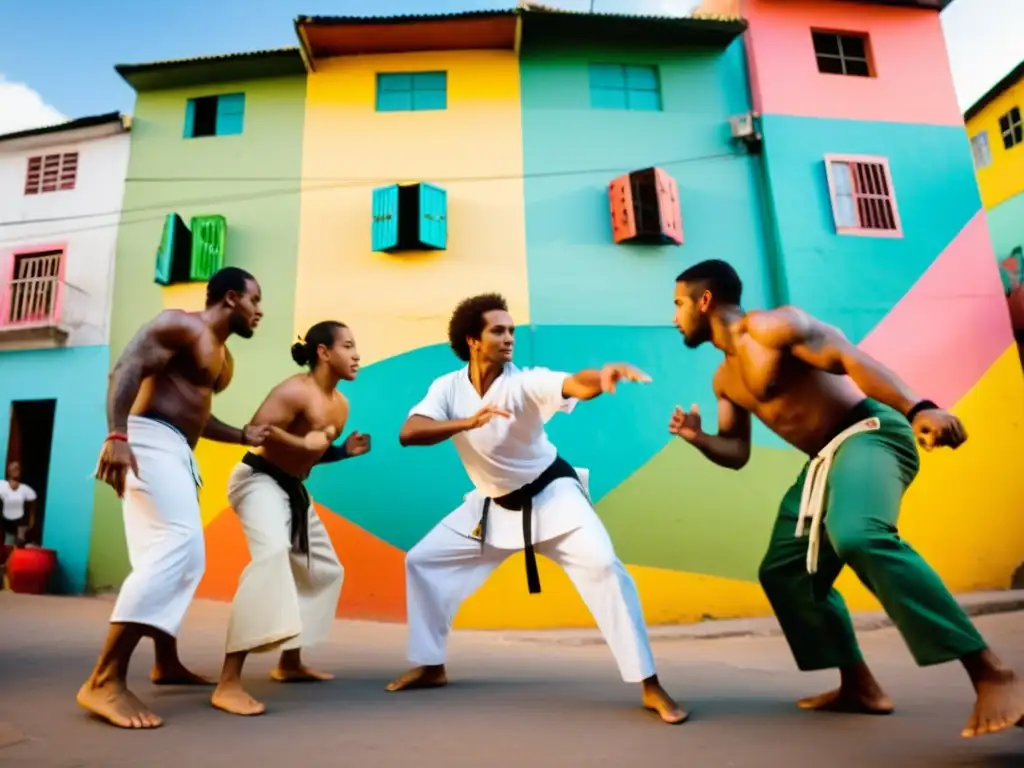 Grupo de practicantes de capoeira en una favela brasileña, expresando el significado cultural de la capoeira con movimientos dinámicos y coloridos