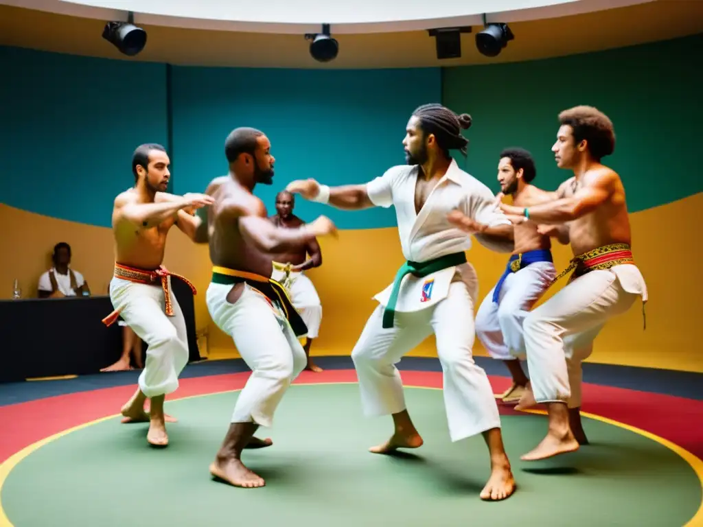 Un grupo de practicantes de capoeira se mueven con gracia al ritmo de la música afrobrasileña, en un taller lleno de energía y pasión