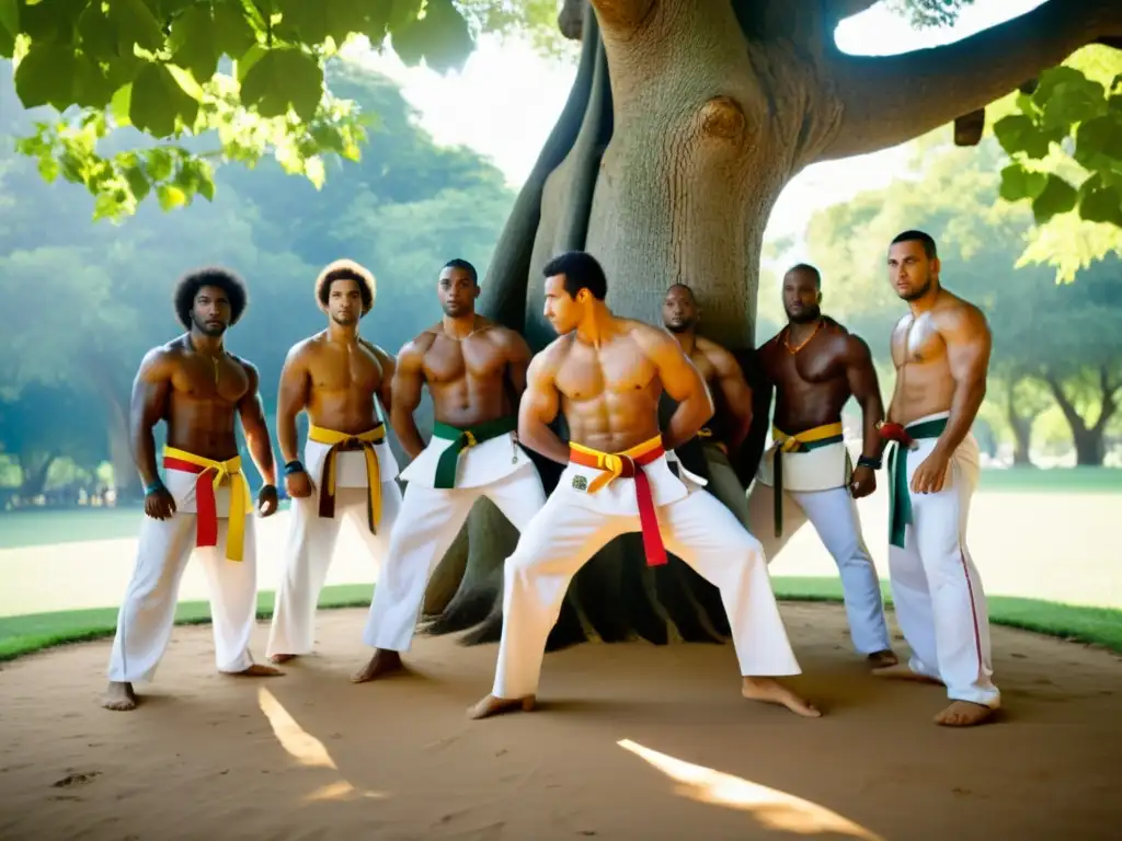 Un grupo de practicantes de capoeira con movimientos y música afrobrasileña, bajo un árbol