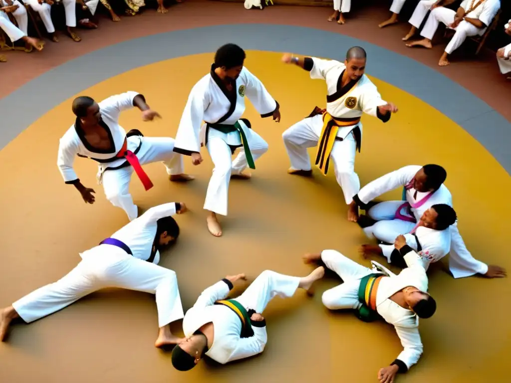 Un grupo de practicantes de capoeira realiza movimientos acrobáticos en un roda, al ritmo de la música afrobrasileña, en un vibrante taller de capoeira