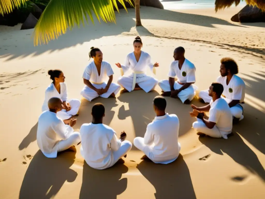 Un grupo de practicantes de capoeira muestra movimientos acrobáticos y musicales en un taller en la playa