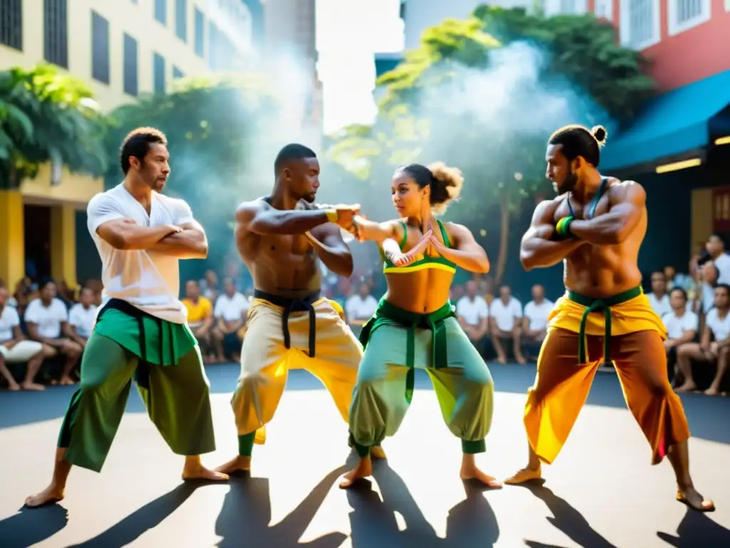 Un grupo de practicantes de Capoeira ejecuta movimientos intrincados en una animada calle de Brasil