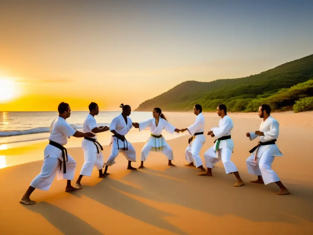 Un grupo de practicantes de capoeira realiza movimientos dinámicos y expresivos en la playa al atardecer