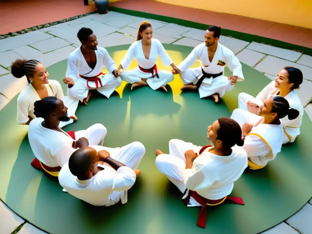 Grupo de practicantes de capoeira en un patio al aire libre, con movimientos fluidos y expresiones de alegría